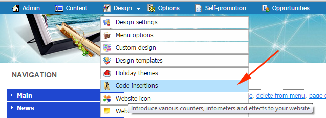 Select the item ''Insert code'' menu ''Design''