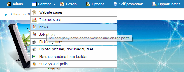 Select the item ''News'' menu ''Content''