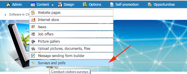 Select the item ''Surveys and polls'' menu ''Content''