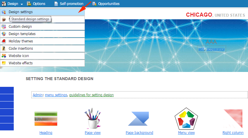 Selecting Partition ''Right column'' paragraph ''Design settings'' menu ''Design''