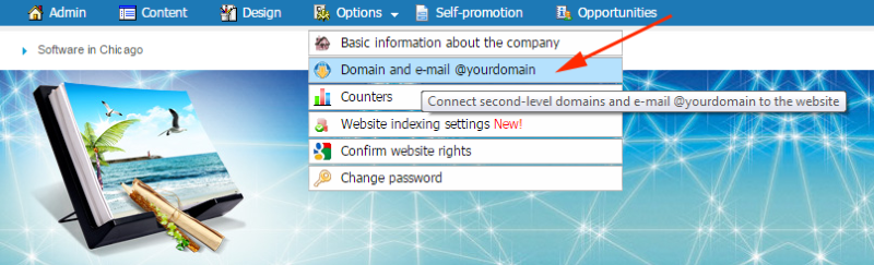Select the item ''Domain and e-mail @yourdomain'' menu ''Options''